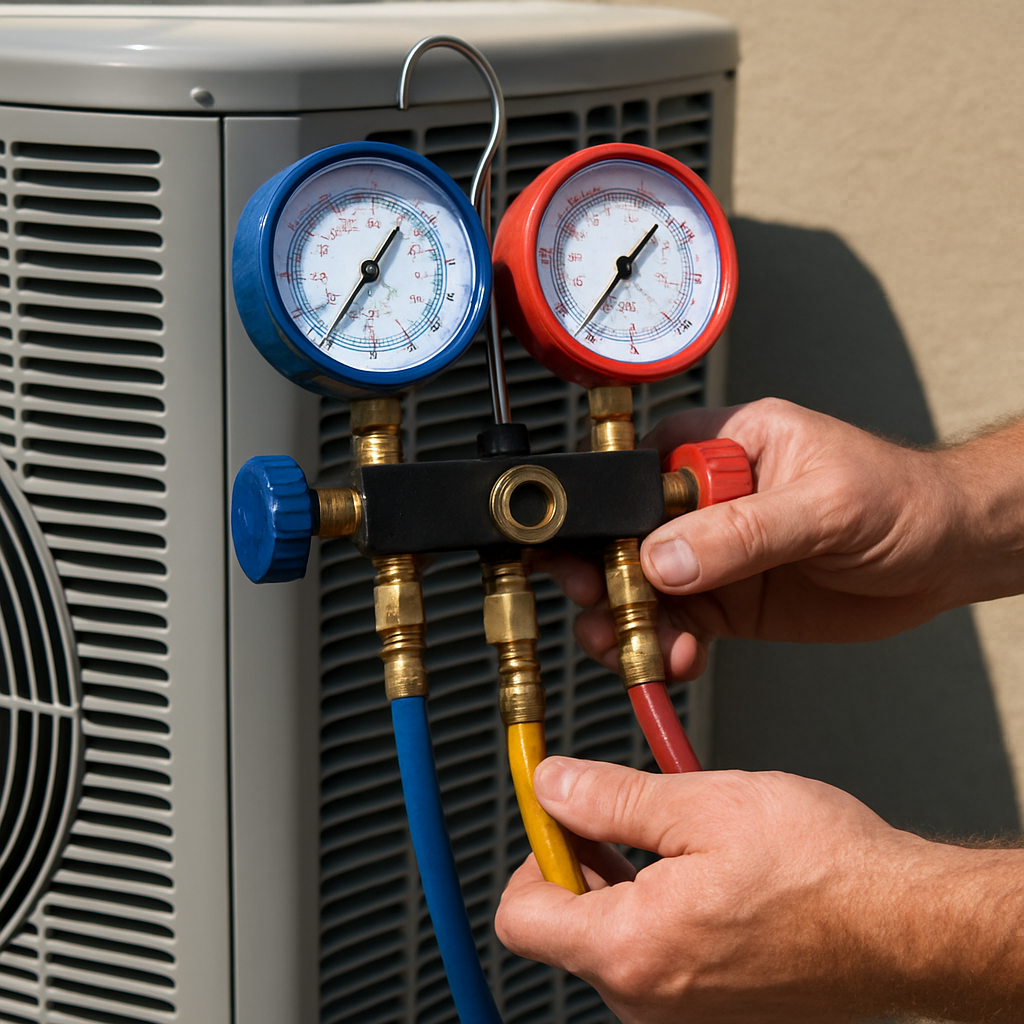 Frigoriste Clim Expert 91 rechargeant le fluide frigorigène d’une climatisation avec un manomètre