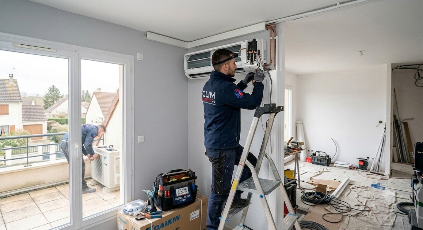 Technicien Clim Expert 91 devant une maison de l’Essonne équipée d'une climatisation