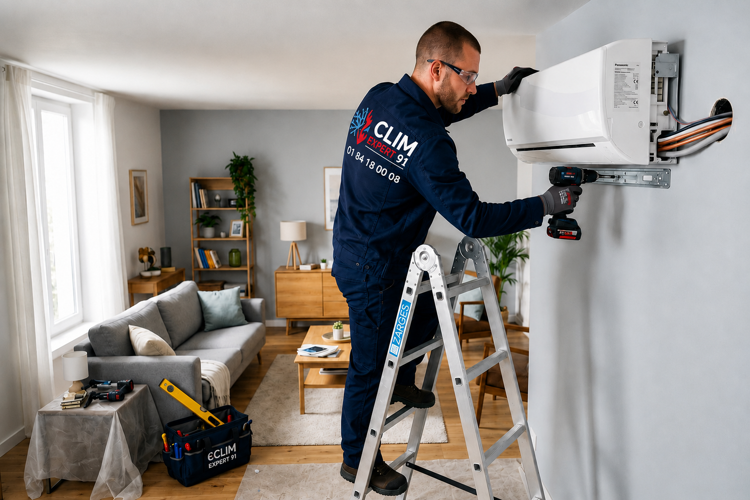 Technicien Clim Expert 91 devant une maison de l’Essonne équipée d'une climatisation